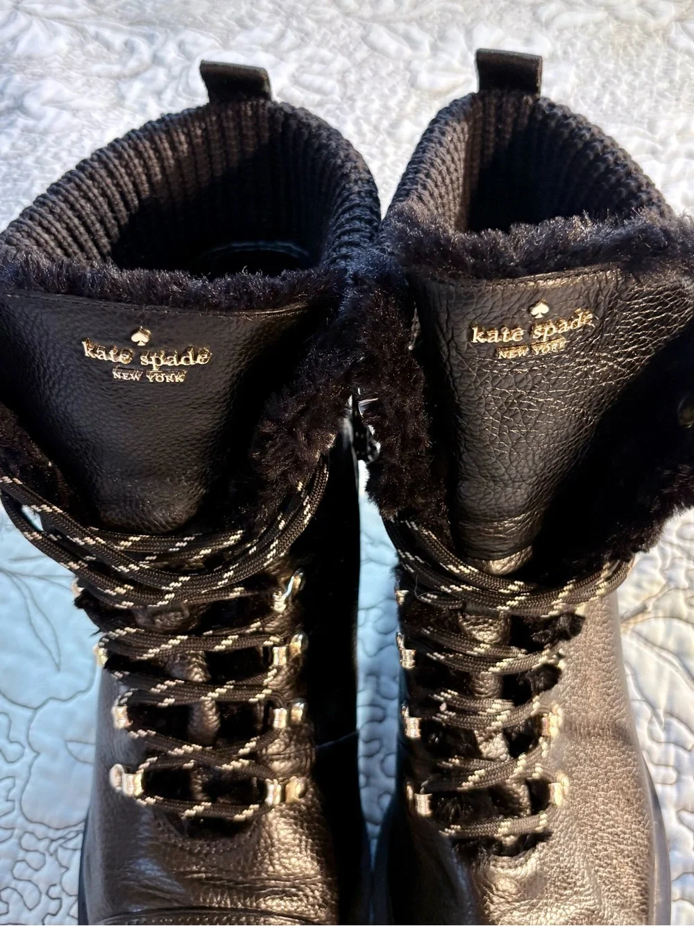💥Kate Spade Walker Black Leather Faux Fur Knit Collar Heeled Booties Sz 10B🧡